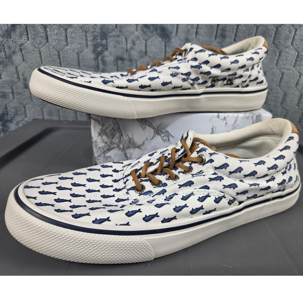 Sperry Vineyard Vines Delanore Mens 9M White Navy Fish Print Canvas Sneakers